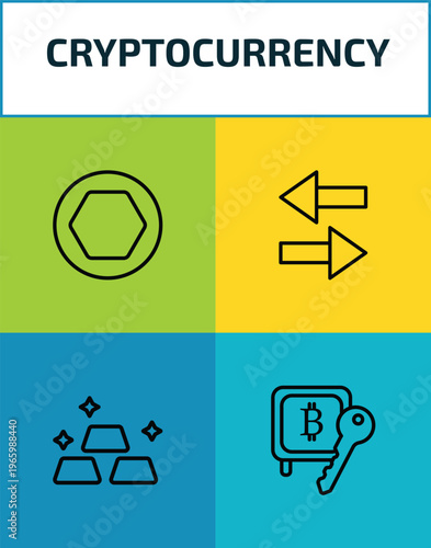 cryptocurrency outline icon set. 4 linear vector for ui, web and mobile. thin line node, exchange, gold, proof of stake icons.