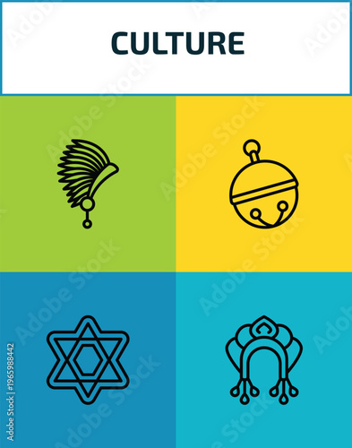 culture outline icon set. 4 linear vector for ui, web and mobile. thin line indian headdress, sleigh bell, david, kokoshnik icons.