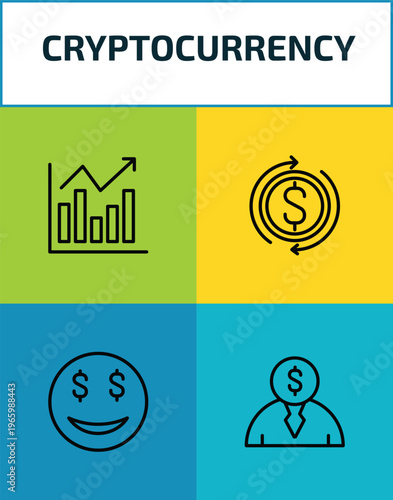 cryptocurrency outline icon set. 4 linear vector for ui, web and mobile. thin line market forecast, money flow, greed, banker icons.