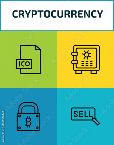 cryptocurrency outline icon set. 4 linear vector for ui, web and mobile. thin line ico, strongbox, bitcoin encryption, sell icons.