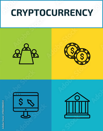 cryptocurrency outline icon set. 4 linear vector for ui, web and mobile. thin line meeting, casino chips, online banking, bank icons.