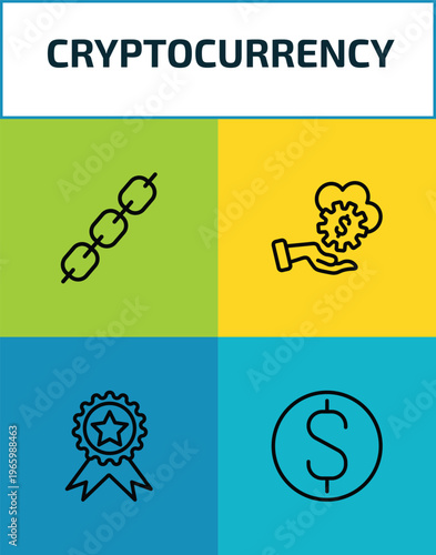 cryptocurrency outline icon set. 4 linear vector for ui, web and mobile. thin line chains, fintech industry, best seller, dollar icons.