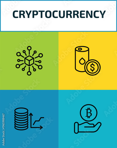 cryptocurrency outline icon set. 4 linear vector for ui, web and mobile. thin line decentralized, oil economy, budget diagram, bitcoin accepted icons.