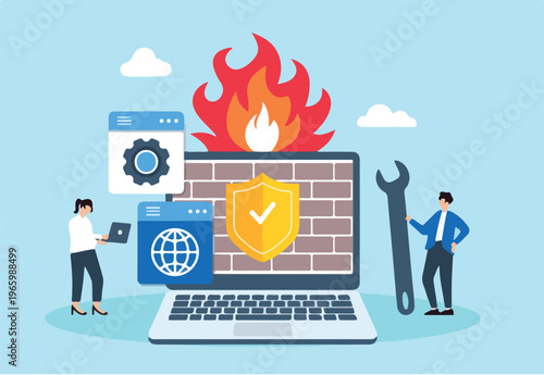 Flat illustration of two people configuring firewall settings network security and blocking unauthorized access