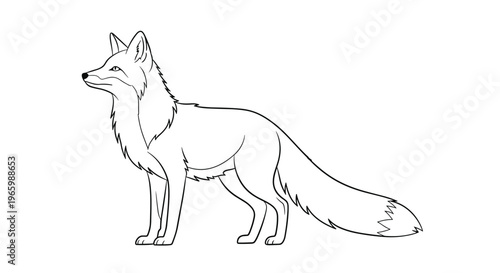 Detailed side profile line drawing of fox standing on white background with bushy tail and alert expression for coloring.