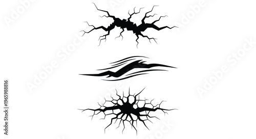 Abstract black shapes resembling cracks and waves are prominently displayed against a stark white background silhouette high quality professional detailed modern