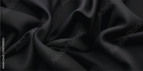Luxurious black satin fabric with smooth silk ripples creates a dark elegant background