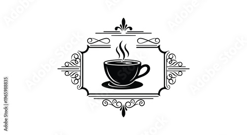 An ornate frame showcases a steaming cup of coffee on a saucer presented as a striking black silhouette high quality professional