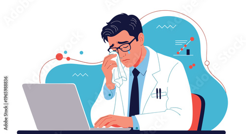 Sad male doctor in white coat sitting at laptop and wiping tears from his eyes with tissue after receiving bad news.