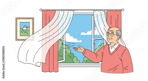 Elderly man in pink sweater standing by open window with curtains blowing in breeze and gesturing towards fresh air.