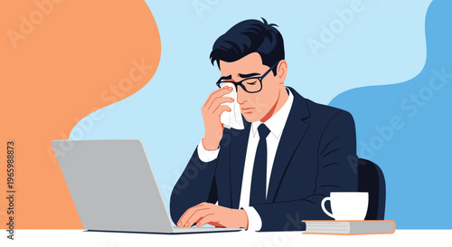 Distressed businessman in suit and glasses crying while sitting at laptop computer and wiping his eyes with a tissue.