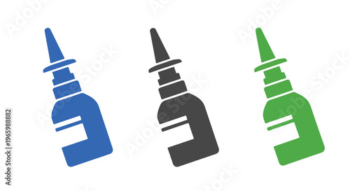 Three different colored nasal spray bottles with blank labels isolated on a white background, representing medical
