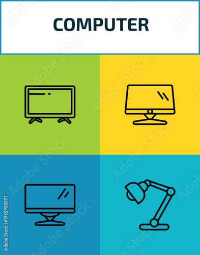 computer outline icon set. 4 linear vector for ui, web and mobile. thin line televisions, monitor screen, computer monitor, study lamp icons.