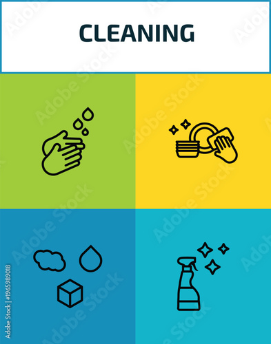 cleaning outline icon set. 4 linear vector for ui, web and mobile. thin line washing hand, washing plate, states of matter, glass cleaner icons.