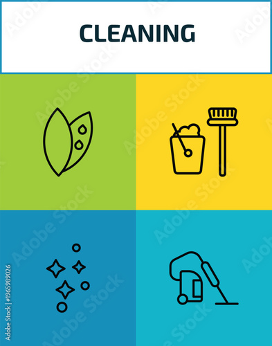 cleaning outline icon set. 4 linear vector for ui, web and mobile. thin line leaf cleanin, dustpan cleanin, clean, hoover icons.