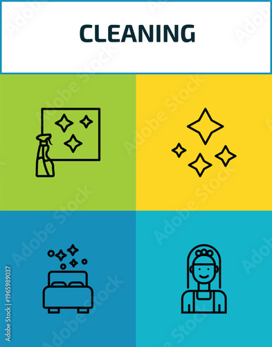 cleaning outline icon set. 4 linear vector for ui, web and mobile. thin line glass cleaning, neat, clean room, charwoman icons.