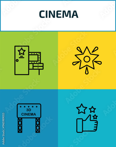 cinema outline icon set. 4 linear vector for ui, web and mobile. thin line dressing room, famous cinema star, movie billboard, thumb up with star icons.
