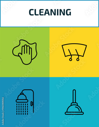 cleaning outline icon set. 4 linear vector for ui, web and mobile. thin line wiping, wiper, shower head, plunger icons.