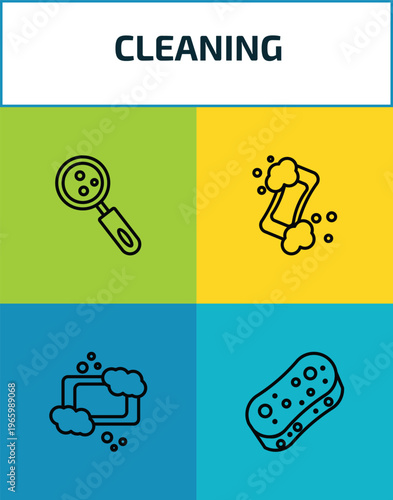 cleaning outline icon set. 4 linear vector for ui, web and mobile. thin line hygroscopic, hand soap, soap, sponges icons.