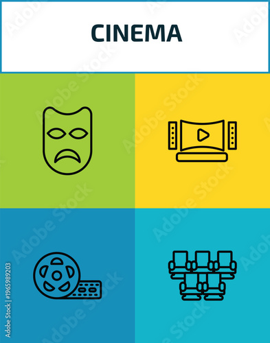 cinema outline icon set. 4 linear vector for ui, web and mobile. thin line sad mask, home theater, big film roll, theatre seats icons.