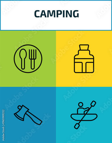camping outline icon set. 4 linear vector for ui, web and mobile. thin line canteen, flask, axe, rafting icons.