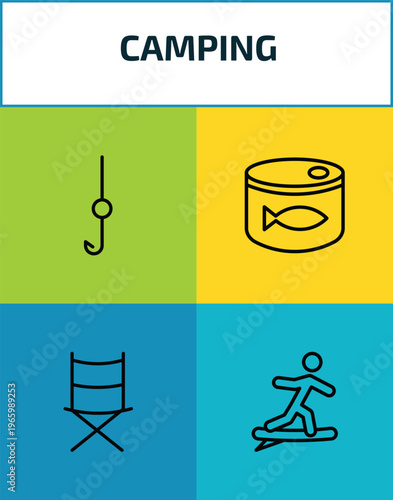 camping outline icon set. 4 linear vector for ui, web and mobile. thin line hook, sardine, folding chair, surfing icons.