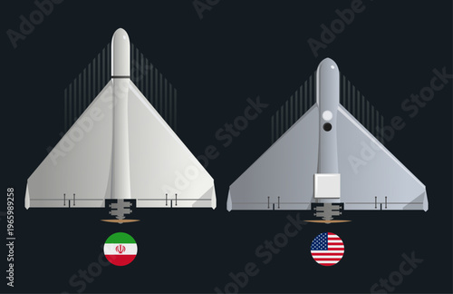 Combat Attack System war drone Low cost Uncrewed one way attack Loitering expendable Munition, comparison American and Iranian planes vector illustration