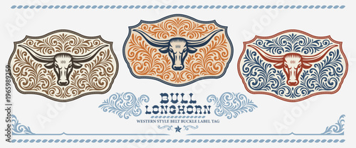 Big horns belt buckle Longhorn Bull tag Label wild west cowboy style design stylized silhouette Western rodeo decor swirls vector design