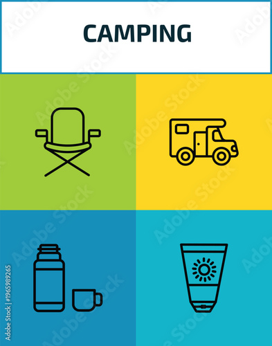camping outline icon set. 4 linear vector for ui, web and mobile. thin line chair, camper van, thermos, sun lotion icons.