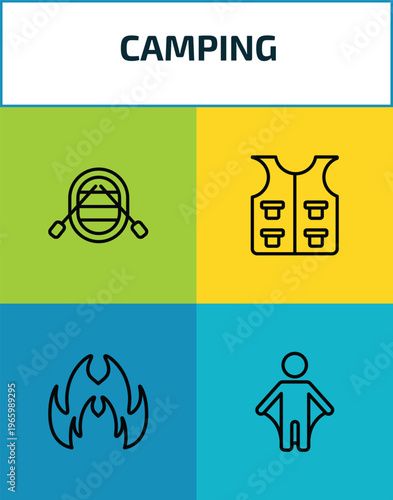 camping outline icon set. 4 linear vector for ui, web and mobile. thin line raft, fishing vest, gas, wingsuit icons.