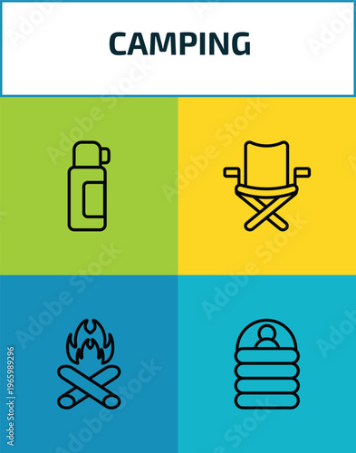camping outline icon set. 4 linear vector for ui, web and mobile. thin line thermo, camp chair, campfire, sleeping bag icons.