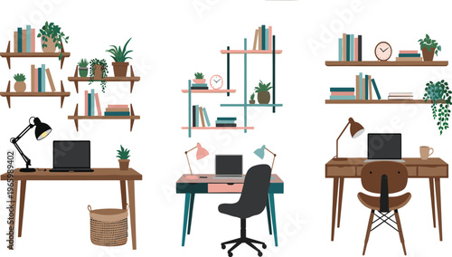 Set of modern home office workspaces with wooden desks laptops desk lamps wall shelves books and green houseplants in flat design.
