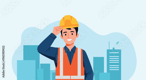 Smiling construction worker in orange safety vest and yellow hard hat tipping his hat with modern city buildings background.