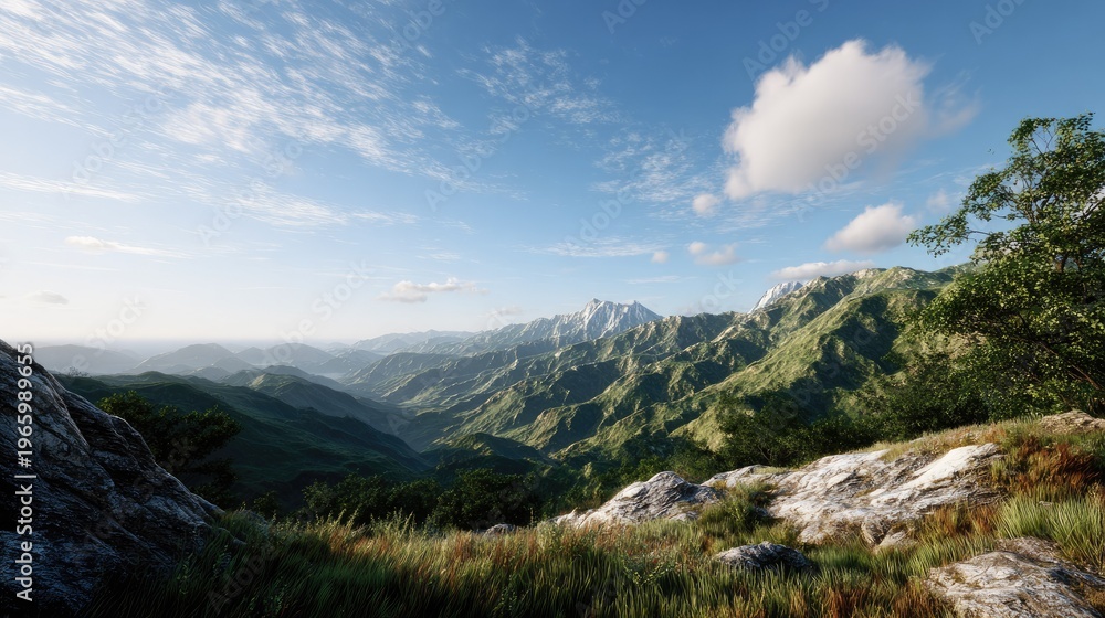 Fototapeta premium Majestic Mountain Vista: A breathtaking panoramic view unfolds, showcasing rolling green hills and rugged mountain ranges under a vast blue sky dotted with fluffy clouds. 