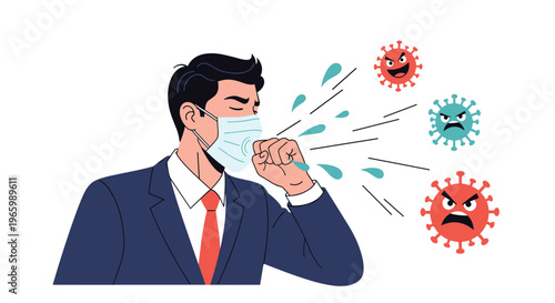Businessman in suit wearing medical mask and coughing with red and green virus particles floating around him in air.