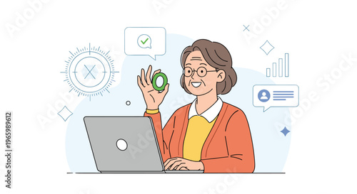Smiling senior woman in orange cardigan at laptop computer making ok sign with various business icons in background.