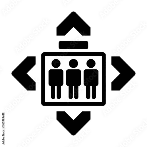 Vector icon showing an elevator with multiple people inside and directional arrows indicating movement
