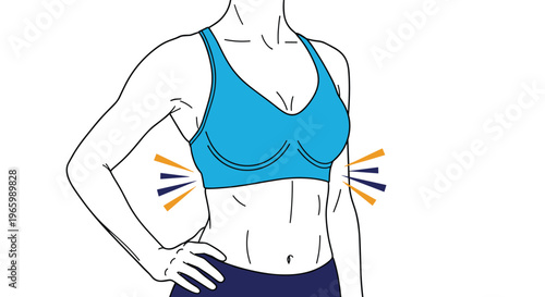 Illustration of woman body in blue sports bra with orange and purple lines indicating muscle tension or back pain.