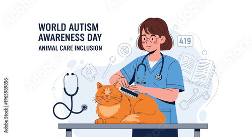 Veterinarian grooming cat for World Autism Awareness Day animal care