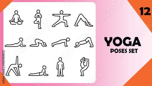 Yoga pose icon set, fitness exercise thick outline vector collection, minimal workout and meditation icons