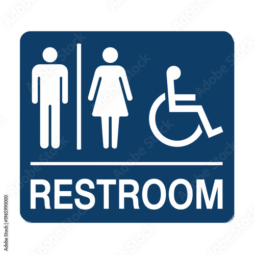 Blue vector restroom sign depicting symbols for male, female, and wheelchair accessibility