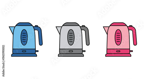 Collection of three modern electric kettles in blue, gray, and pink, isolated on a white background