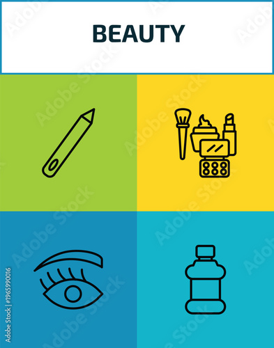 beauty outline icon set. 4 linear vector for ui, web and mobile. thin line pencils, makeup, woman eye, mouthwash icons.