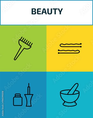 beauty outline icon set. 4 linear vector for ui, web and mobile. thin line tint brush, bobby pins, eyeliner, mortar bowl icons.