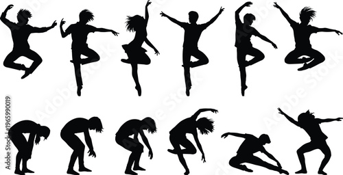 Black silhouette collection of energetic dancers performing various ballet contemporary and hip hop moves isolated on white background for creative design.