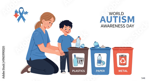 Therapist helping young boy sort plastic paper and metal recycling