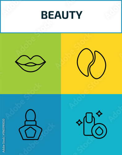 beauty outline icon set. 4 linear vector for ui, web and mobile. thin line woman lips, eye patch, french perfume, nail polish removal icons.