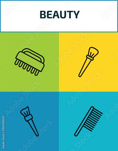 beauty outline icon set. 4 linear vector for ui, web and mobile. thin line nail brush, inclined makeup brush, makeup brush, inclined comb icons.