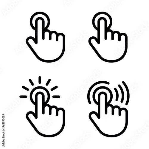 Vector illustrates four hand gestures performing different touch actions on a screen.