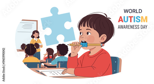 Young boy in classroom chewing on pencil with puzzle piece icon